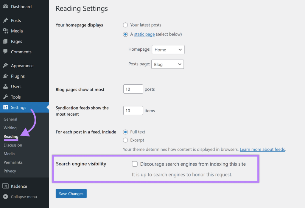 wordpress readings settings for search engine indexing
